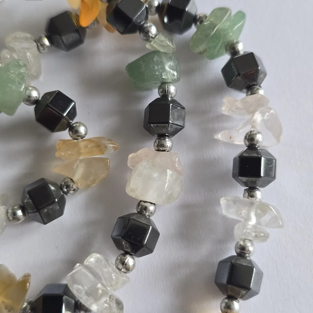 Handmade gemstone necklace beaded yellow green grey gray silver tone clear